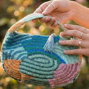 NWT Abstract Multicolor Bead design cresant Hand Bag